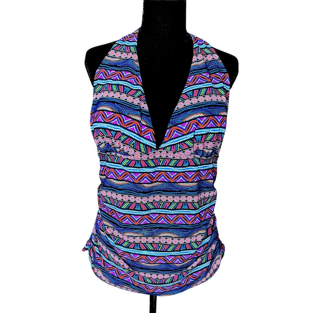 Womens Geometric Multicolor Swim Tankini Sz 18 Aztec Halter Flattering Vibrant